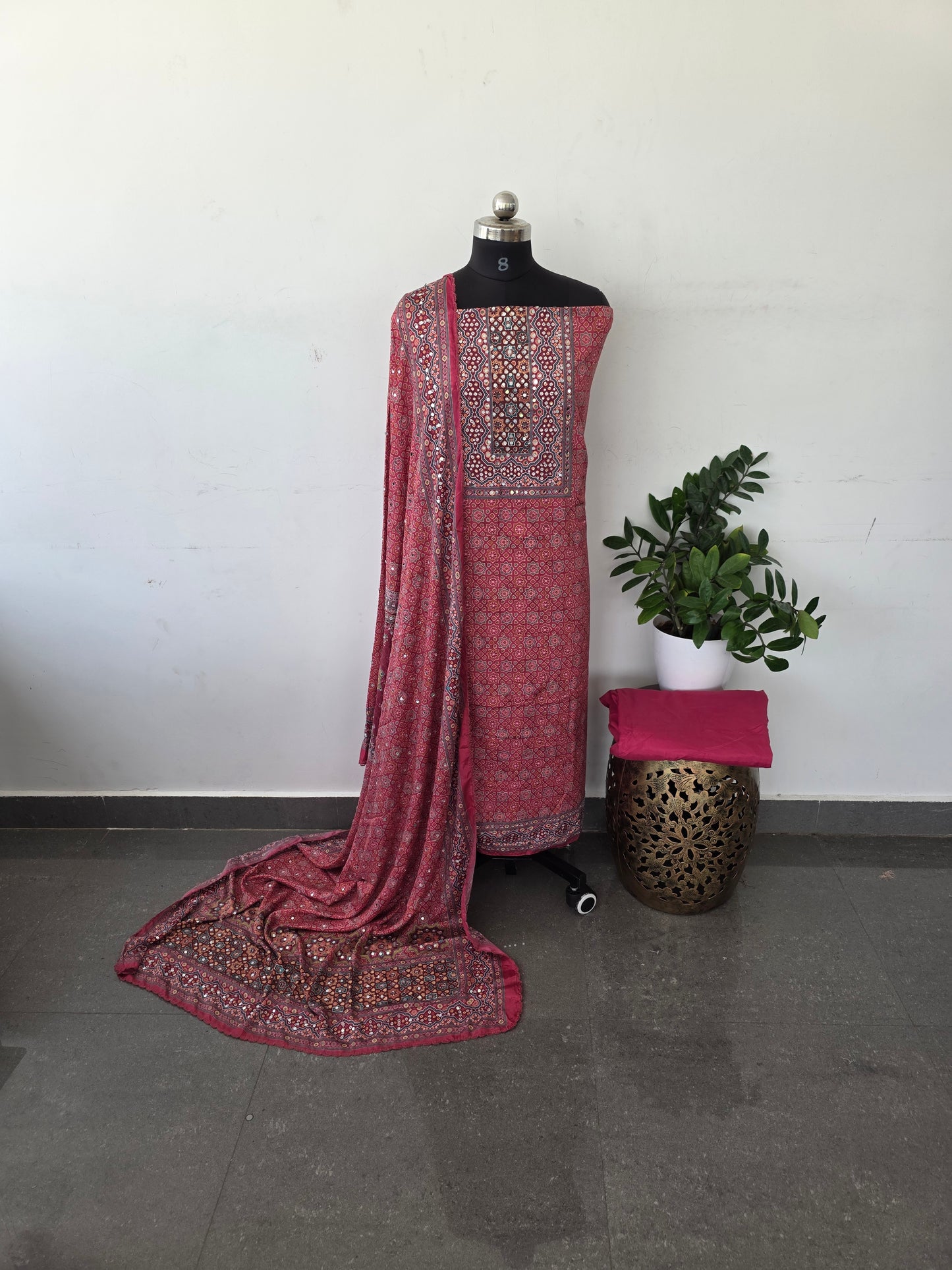 Party wear mirror ajrakh muslin silk set - Pink