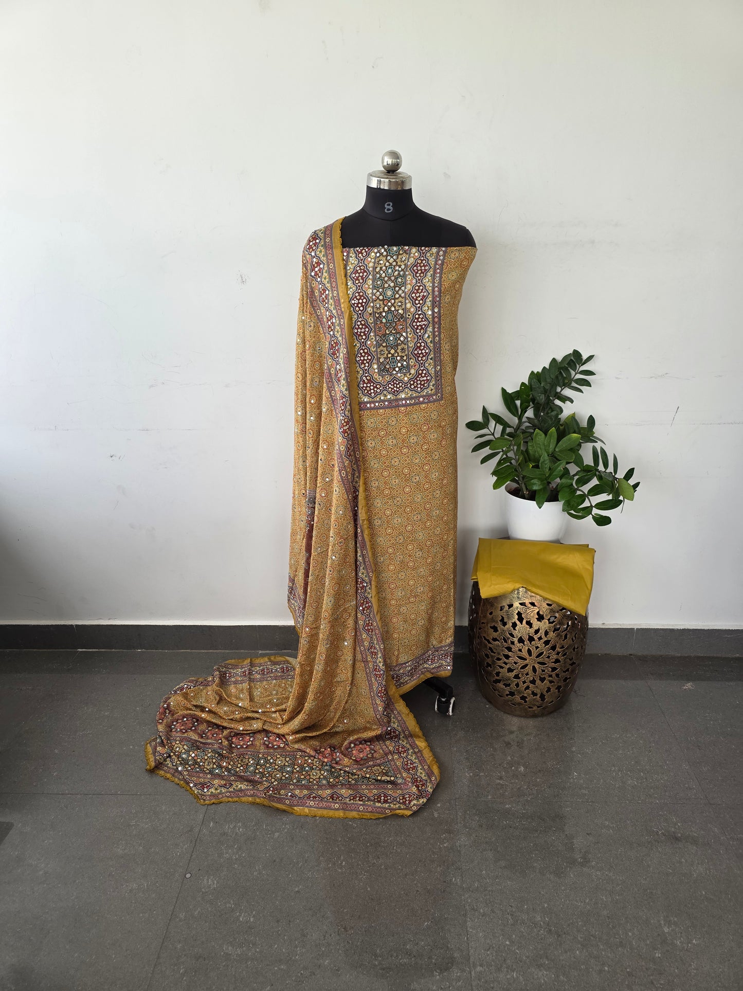 Party wear mirror ajrakh muslin silk set - Mustard