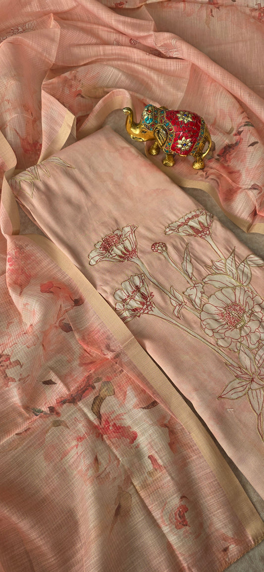 Premium linen shimmer silk set - Peach