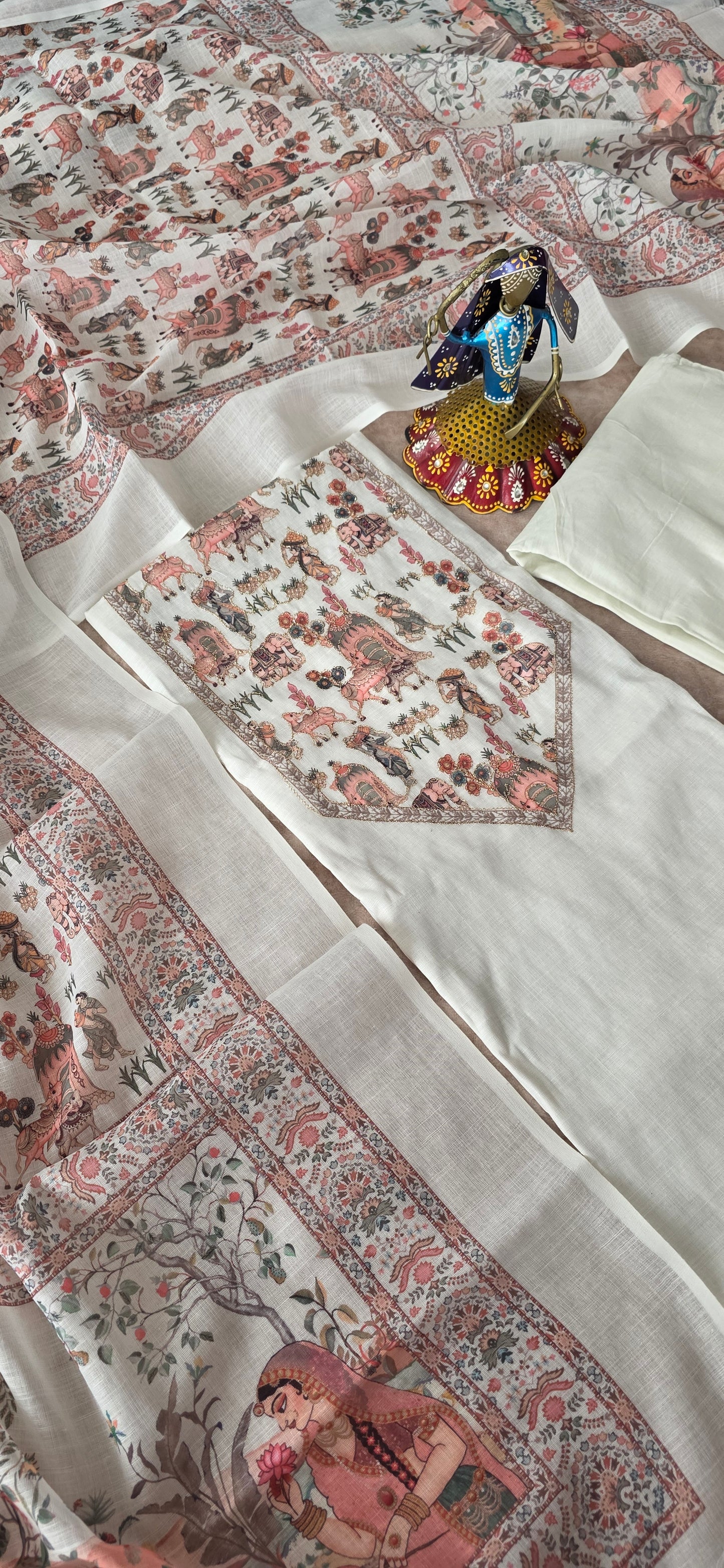 Premium linen cotton with embroidery warli yoke work set