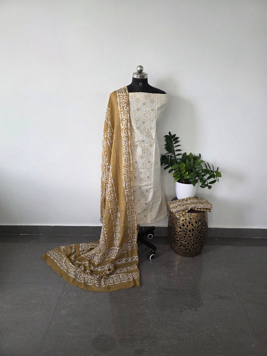 Pure embroidery cotton set with soft batik cotton shawl - brown