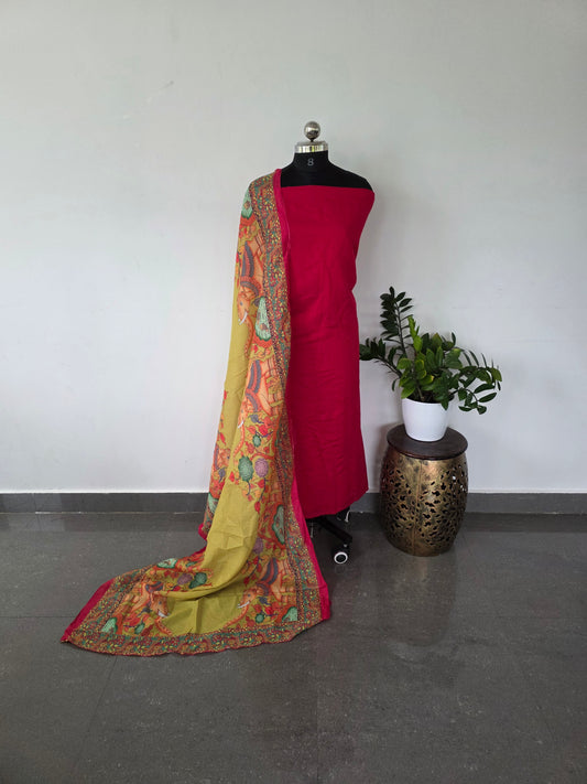 Premium roman silk top with soft digital kalamkari silk shawl - pink