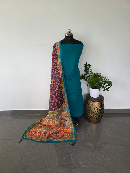 Premium roman silk top with soft digital kalamkari silk shawl - blue