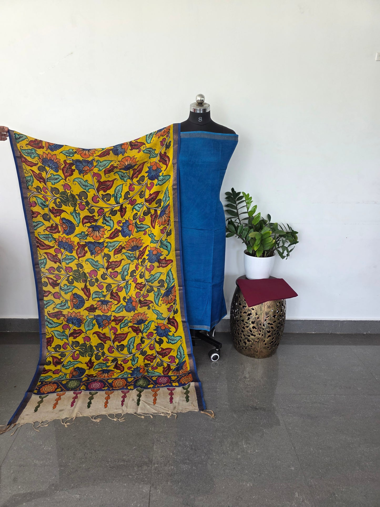 Premium pure mangalagiri silk top with pen kalamkari silk shawl - blue1