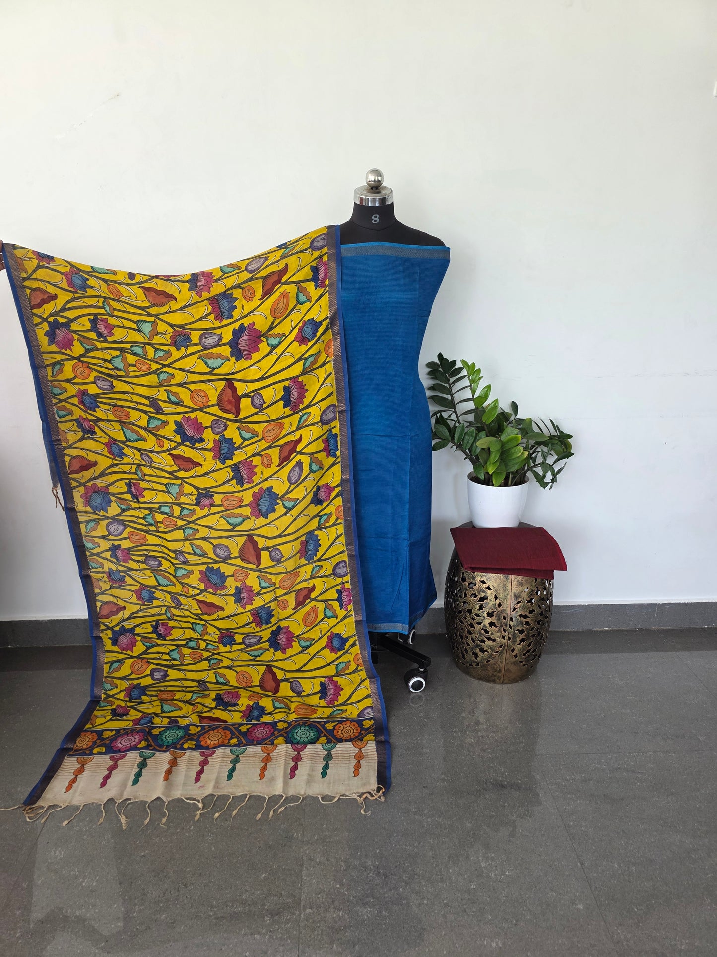 Premium pure mangalagiri top with pen kalamkari silk shawl - blue3