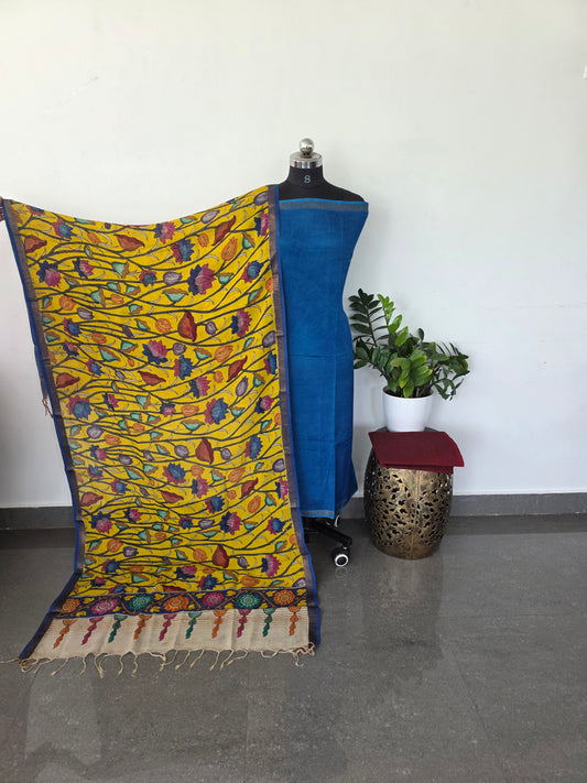 Premium pure mangalagiri top with pen kalamkari silk shawl - blue3