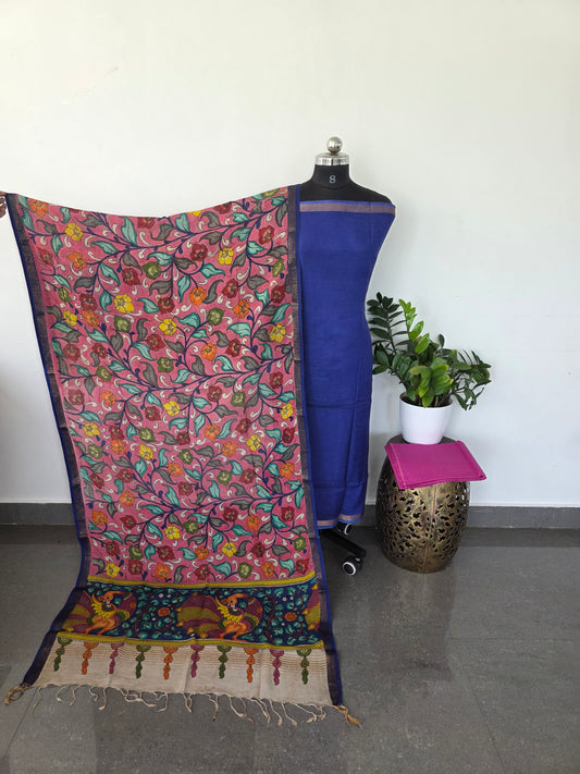 Premium pure mangalagiri top with pen kalamkari silk shawl - blue5