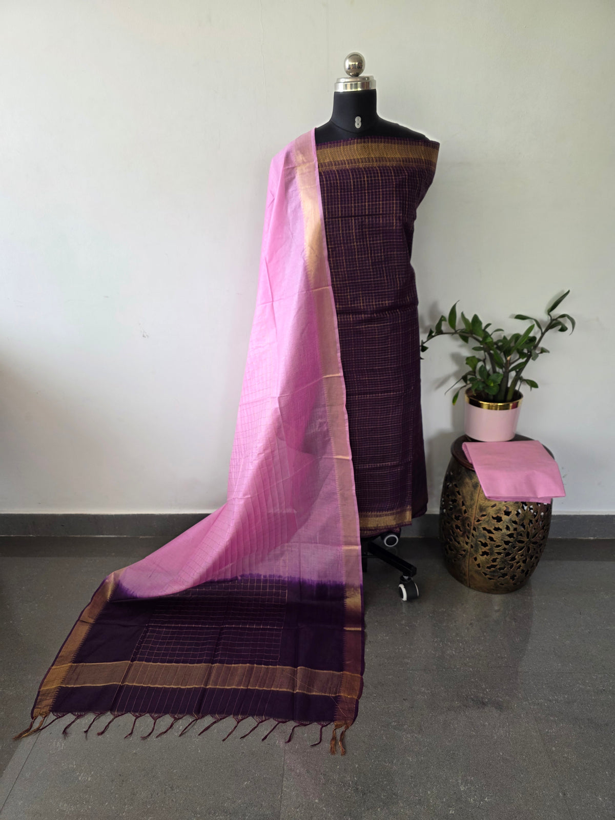Checked Bhagalpuri fusion mangalagiri silk set -BA630