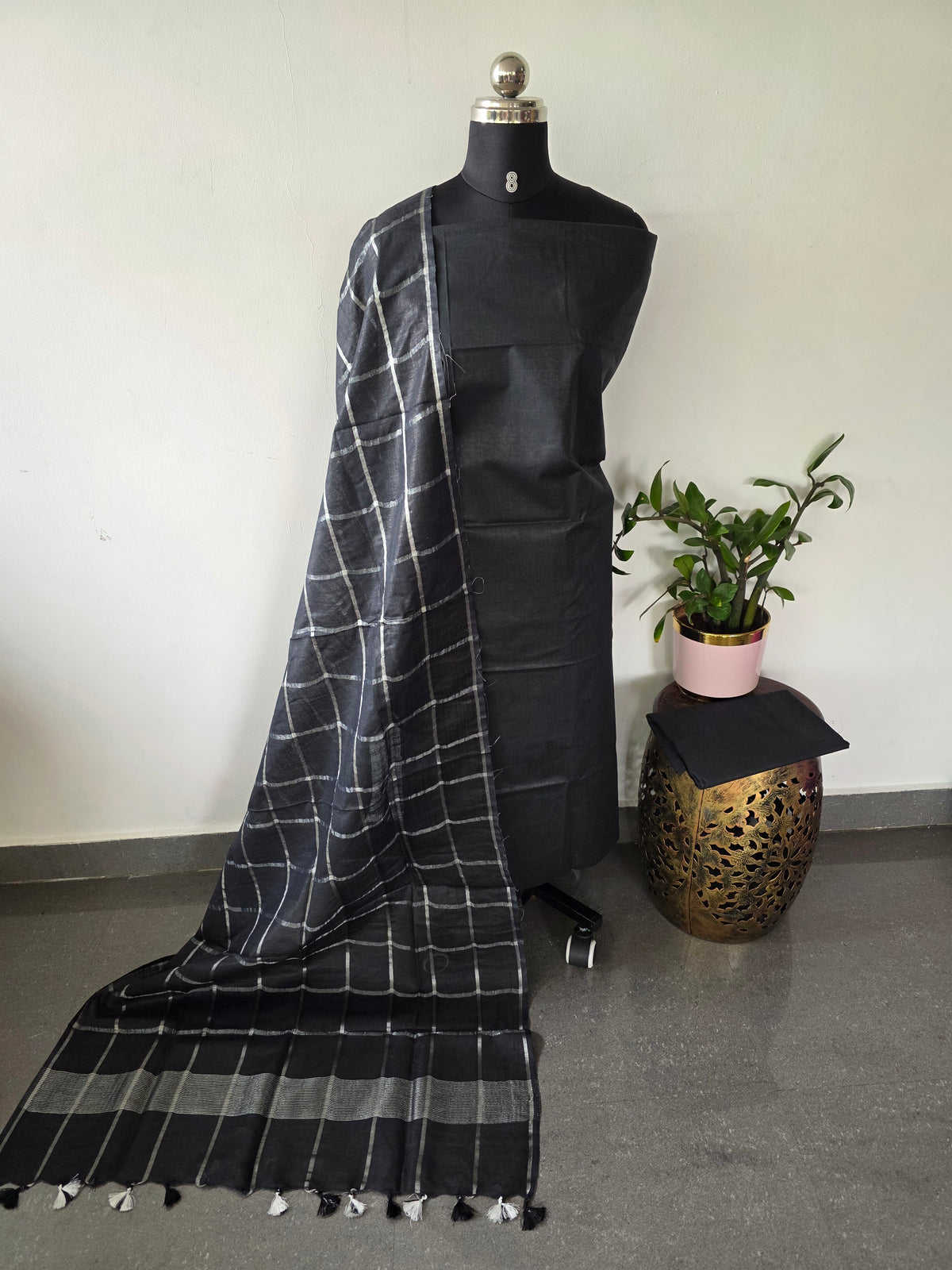 Bhagalpuri katan set with cotton linen duppatta(black)-BA626