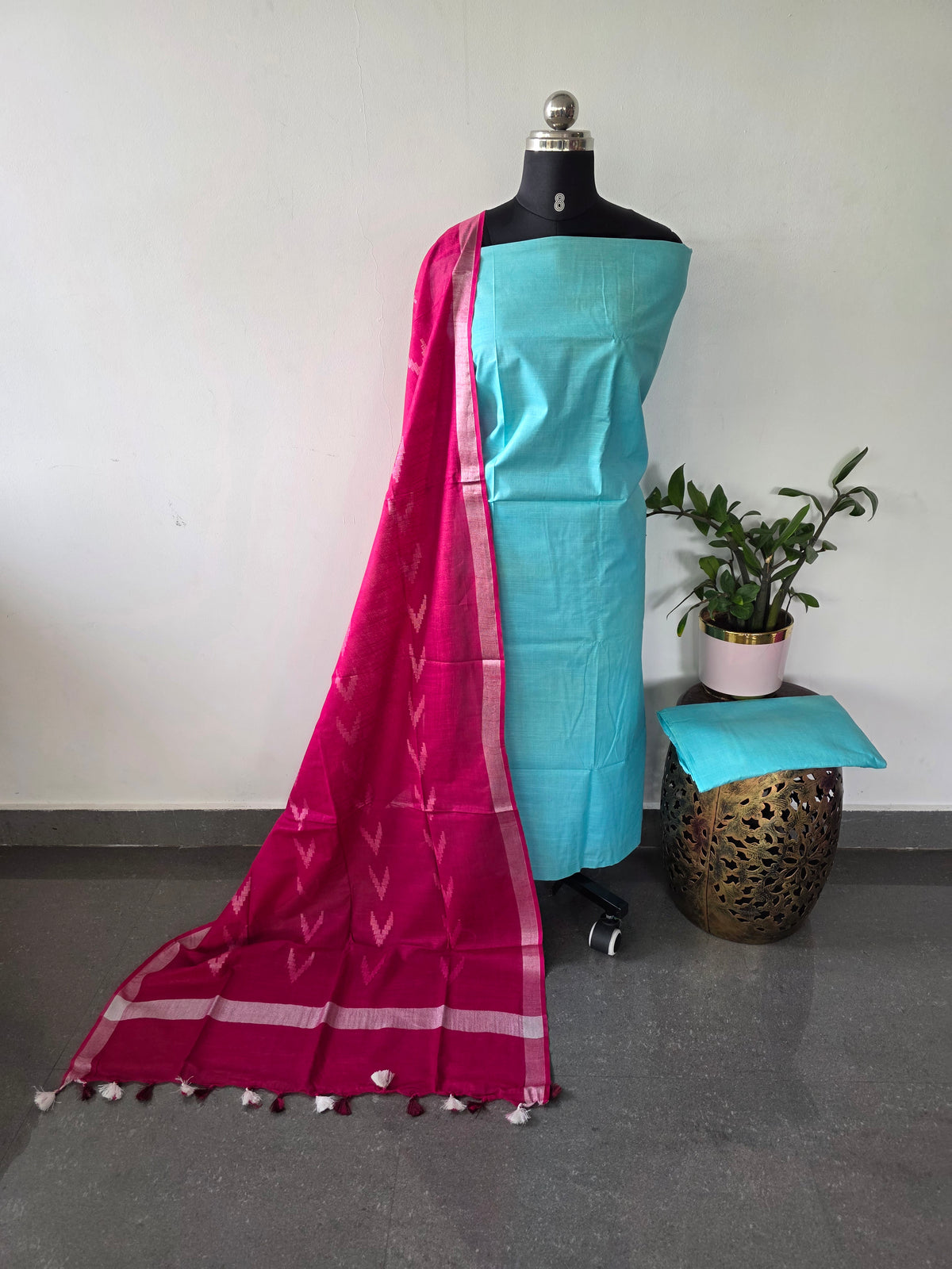 Bhagalpuri katan set with cotton linen duppatta-BA625