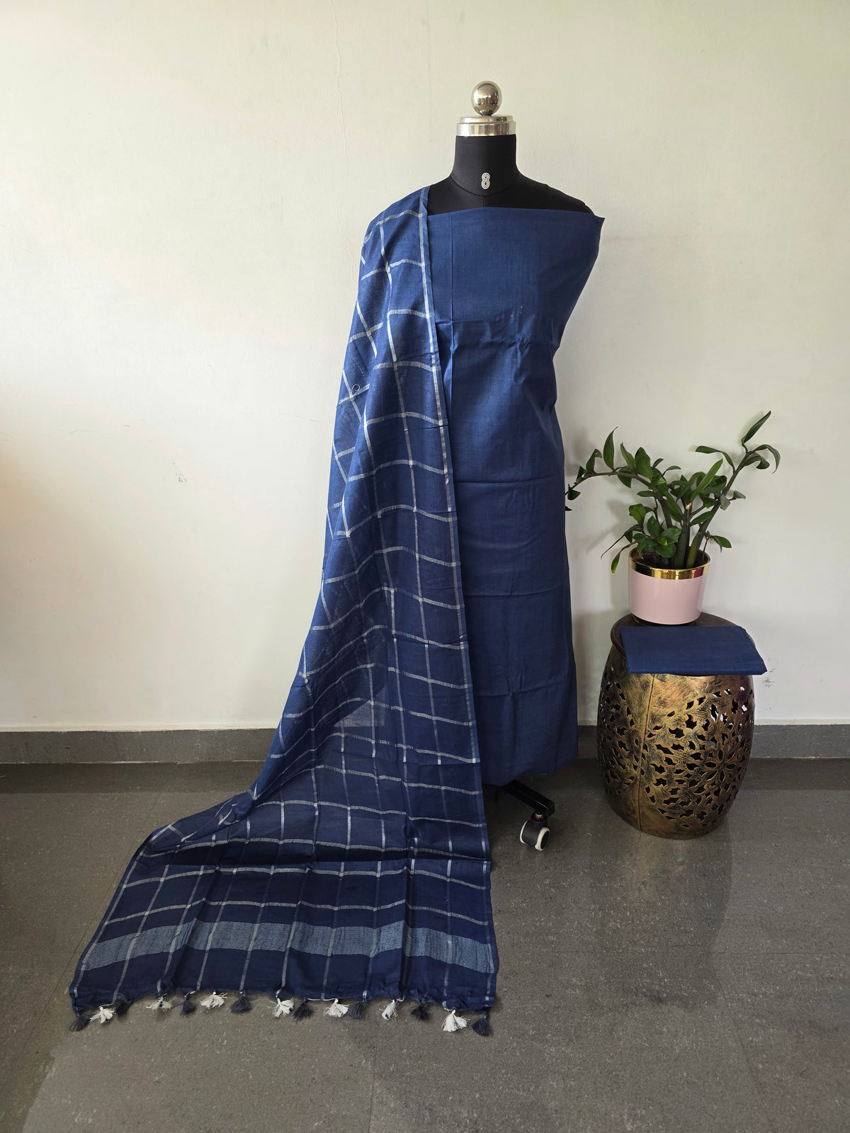 Bhagalpuri katan set with cotton linen duppatta(blue)- BA614