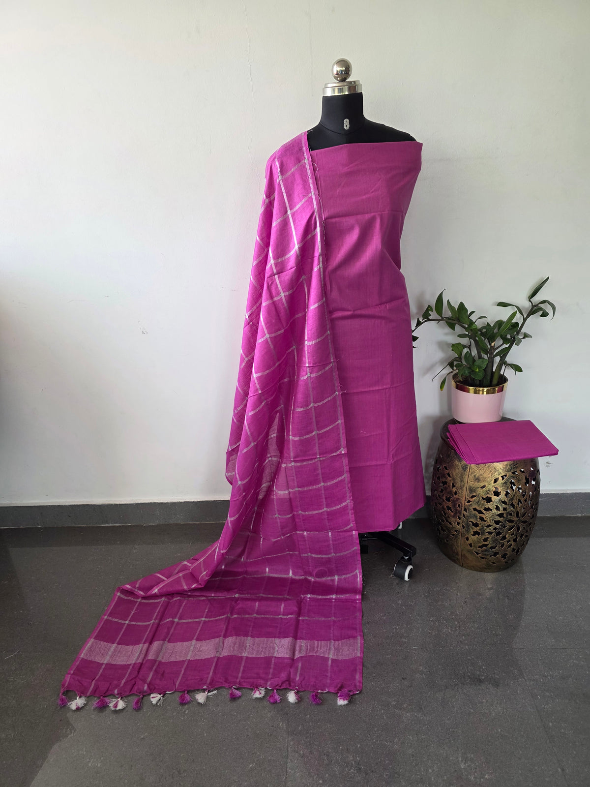 Bhagalpuri katan set with cotton linen duppatta-BA622