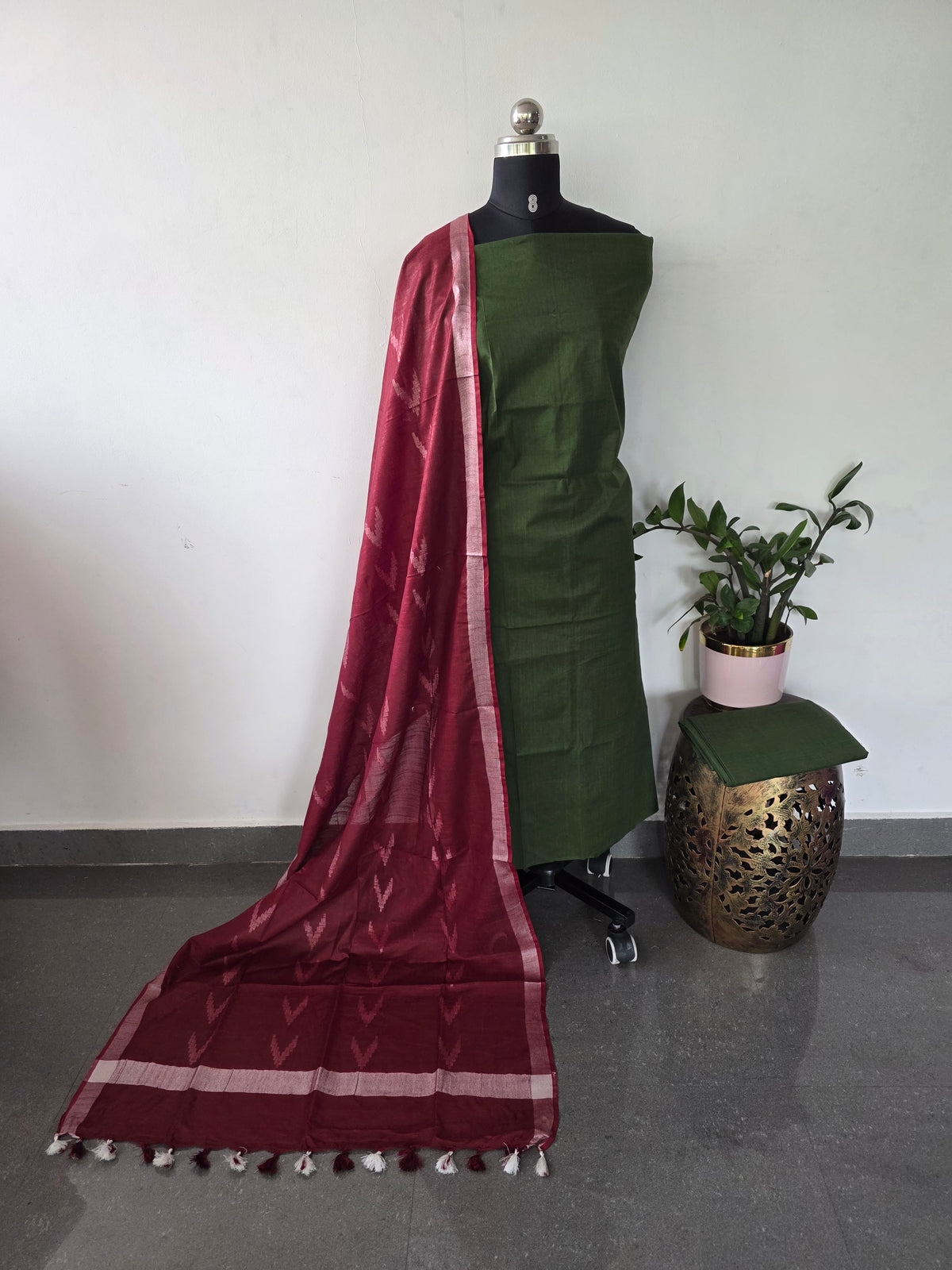 Bhagalpuri katan set with cotton linen duppatta-BA621