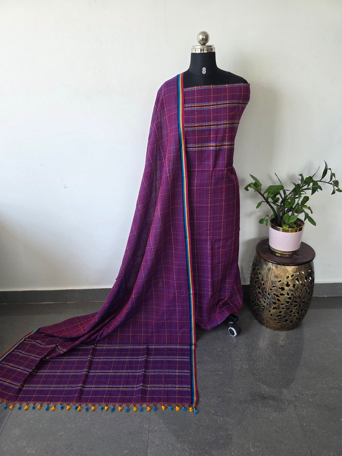 Checked kantha embroidery mul cotton set -HZ410