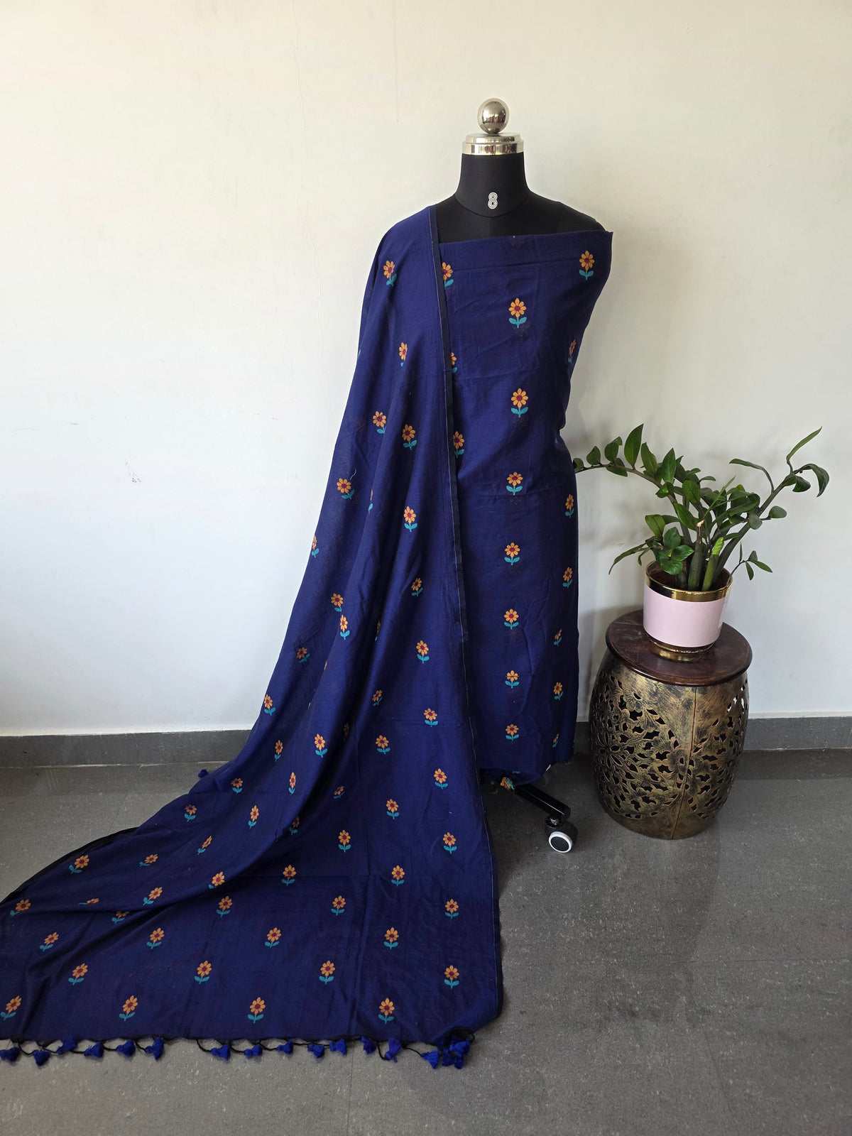 Handloom Mul cotton jamdhani set(Blue)-JMM700