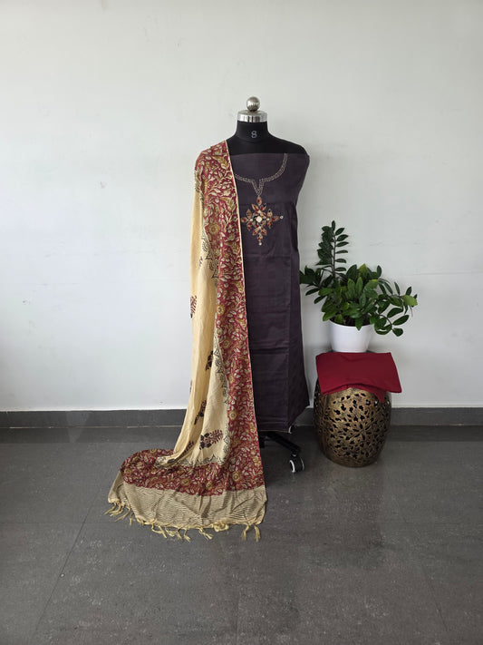 Premium dobby cotton top with soft kalamkari silk shawl - violet