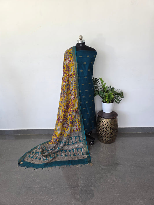 Premium semi soft silk or raw silk top with pure kalamkari silk shawl - MM15