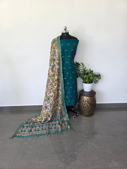 Premium semi soft silk or raw silk top with pure kalamkari silk shawl - MM9