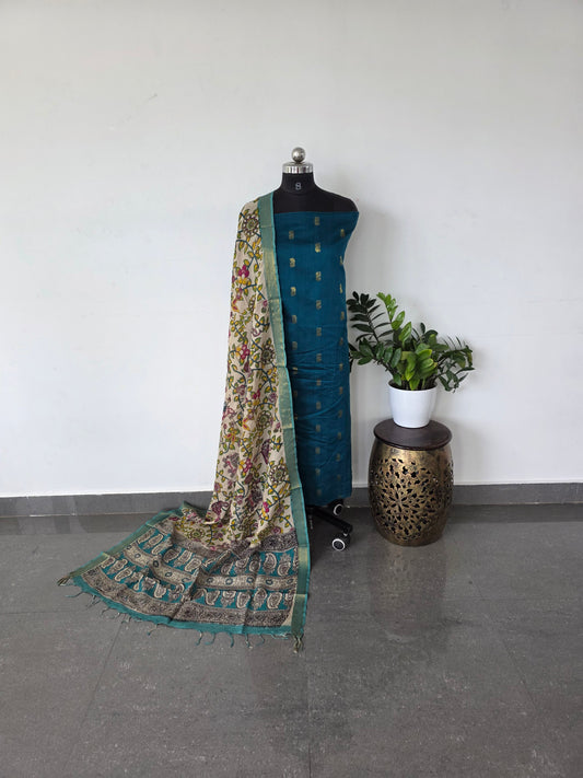Premium semi soft silk or raw silk top with pure kalamkari silk shawl - MM16