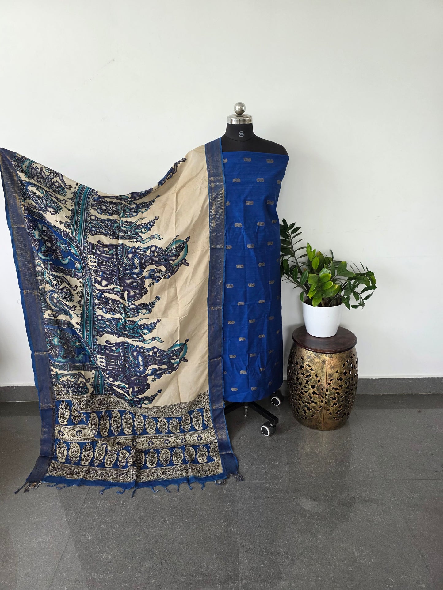 Premium semi soft silk or raw silk top with pure Kalamkari silk shawl - MM6