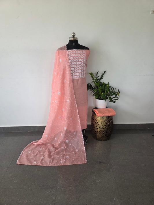 Embroidery Kota set ( with lining) - peach