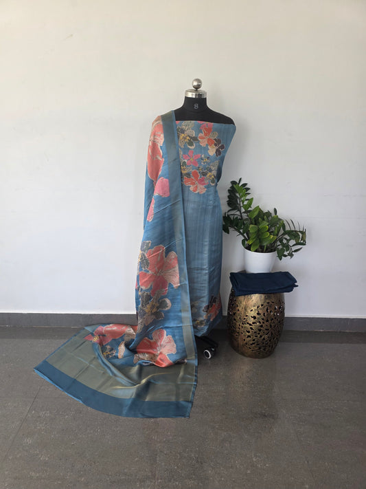 Premium shimmer silk set with digital floral - DF3