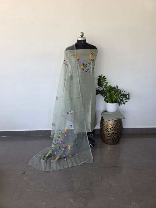 Premium handpainted organza silk set with handwork embroidery - HE5