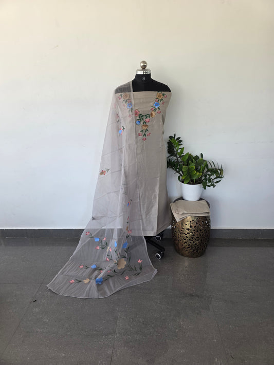 Premium handpainted soft organza silk set with handwork embroidery - HE7