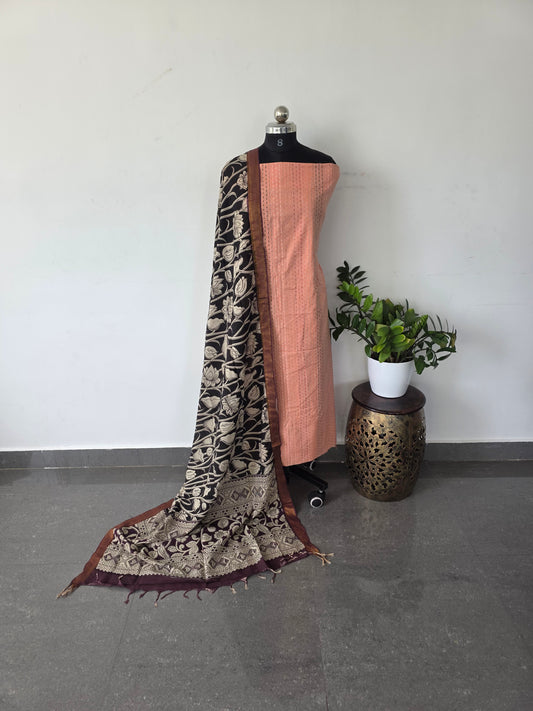 Premium mercerised cotton top with kalamkari silk shawl - MW9