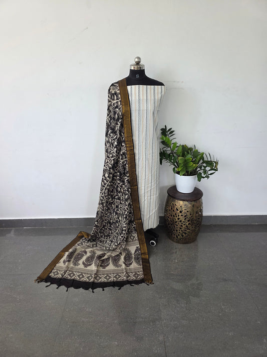 Premium mercerised cotton top with kalamkari silk shawl - MW12