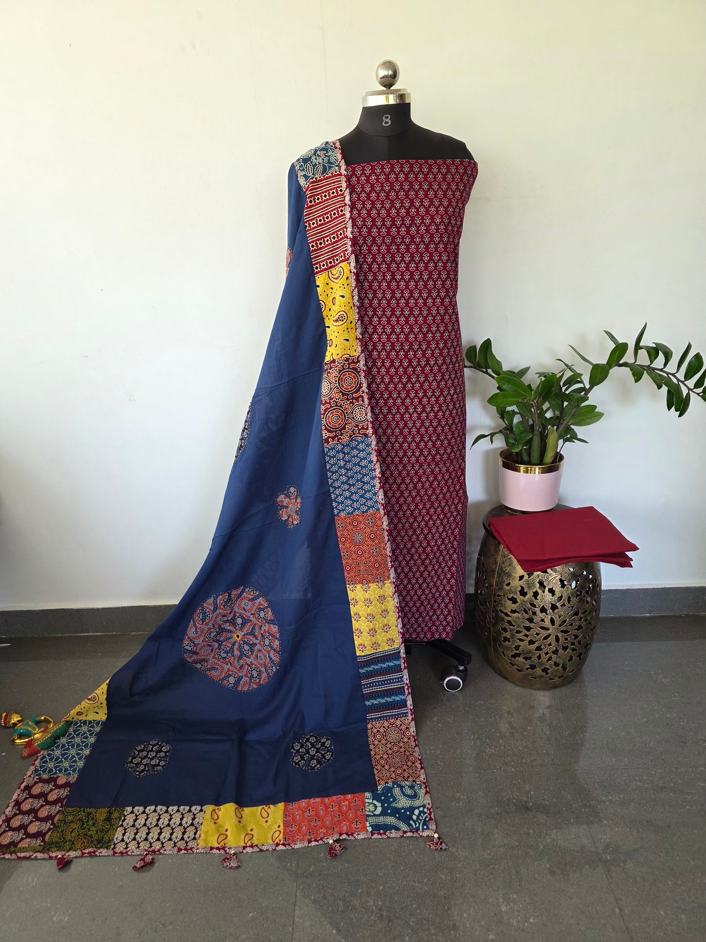 Handcrafted ajrakh cotton top with applique cotton shawl - BAA31