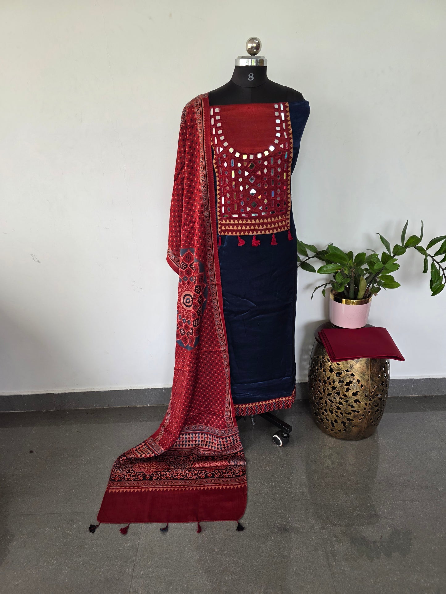 Handcrafted ajrakh kutch handwork mirror mashru silk set - HZ160