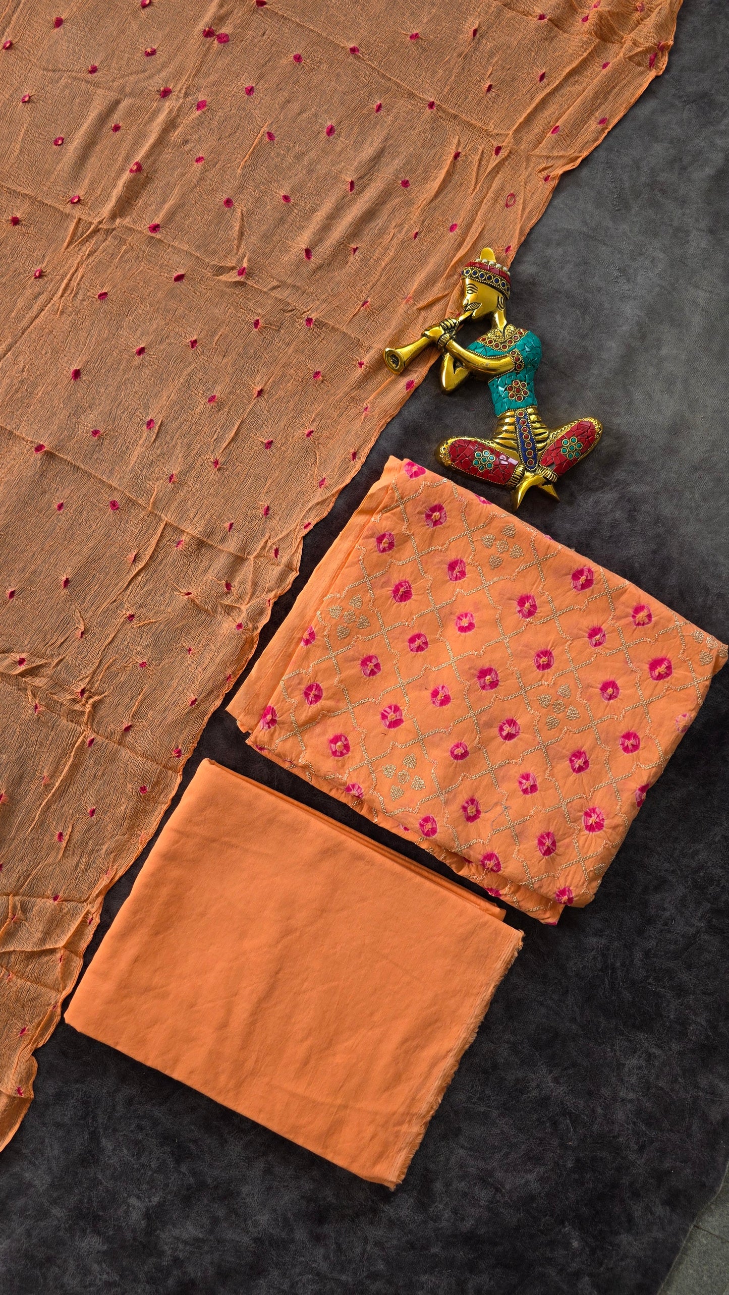 Embroidery Bandhini cotton set with bandhini chiffon shawl - JA796