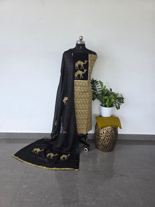 Premium Jaipuri cotton top with appliqué work - yellow