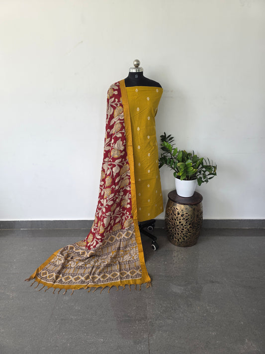Premium mercerised cotton top with kalamkari silk shawl - MW3