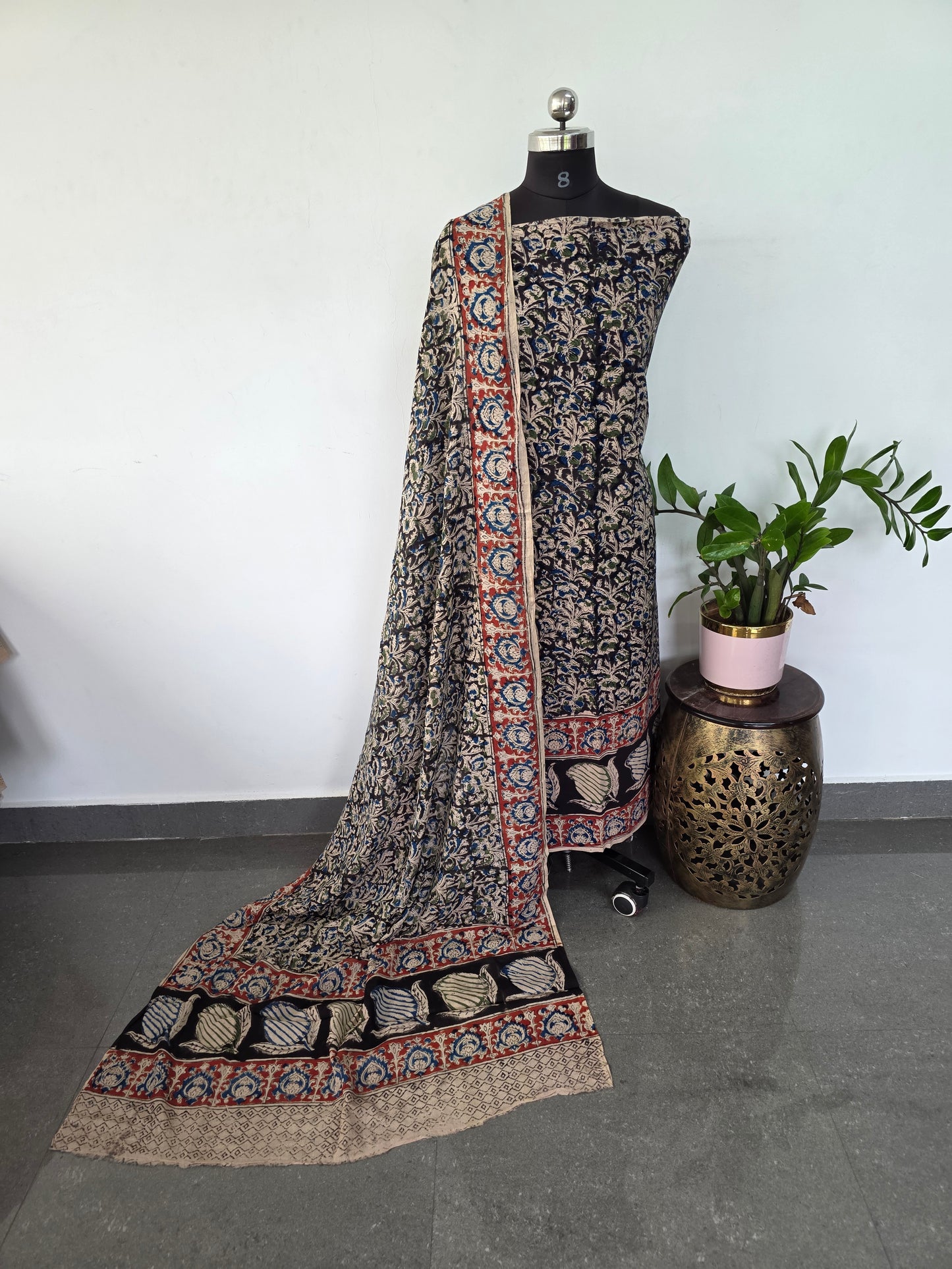 Handblock pure kalamkari cotton with border ( 2 pc set )- AK171