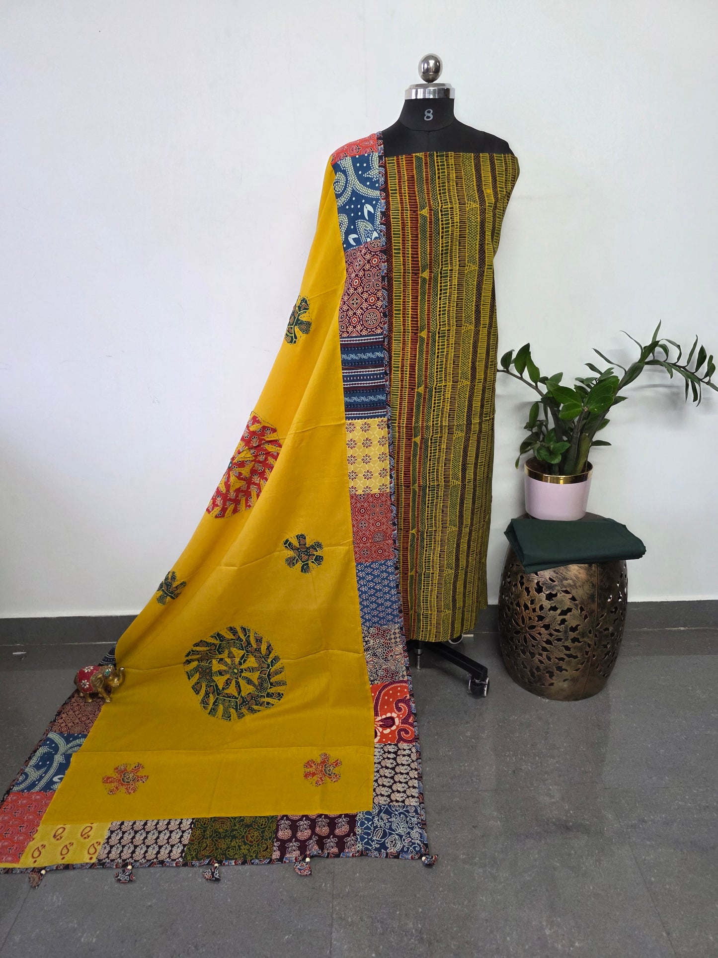 Handcrafted ajrakh cotton top with applique cotton shawl - BAA46