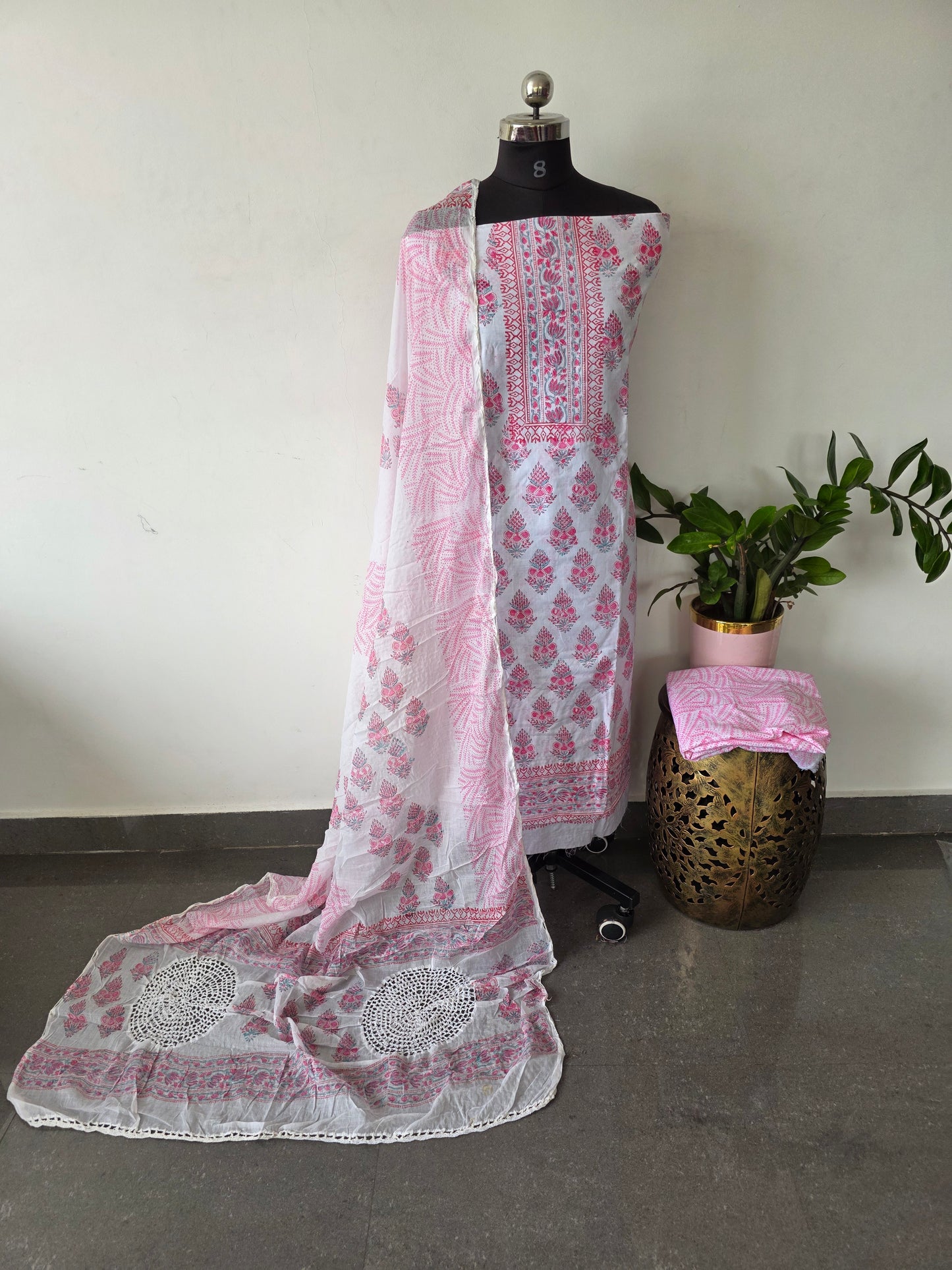 Jaipuri cotton block printed salwar set with crochet work duppatta - AS99