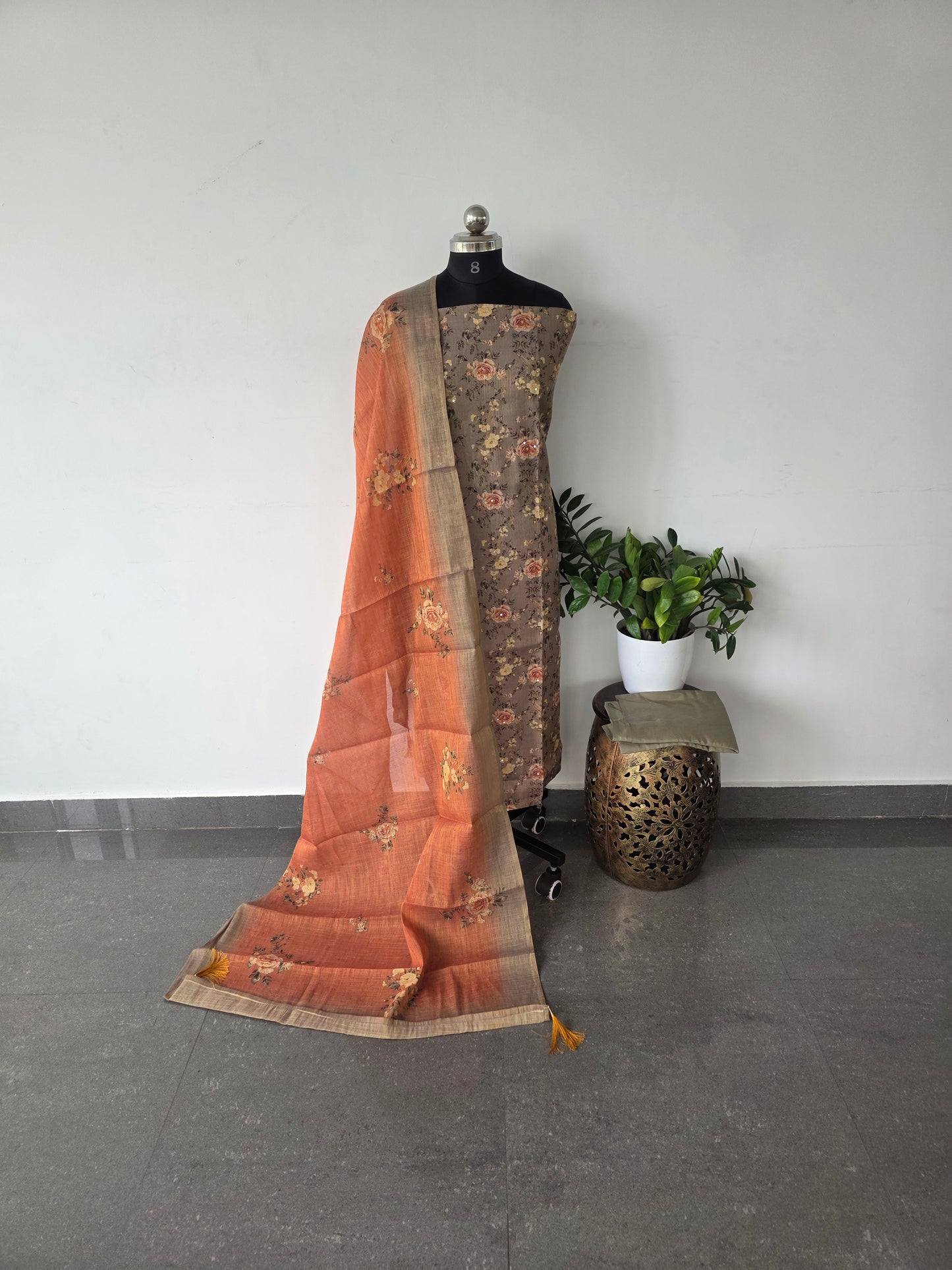 Premium tissue silk set with embroidery mirror work - DS85