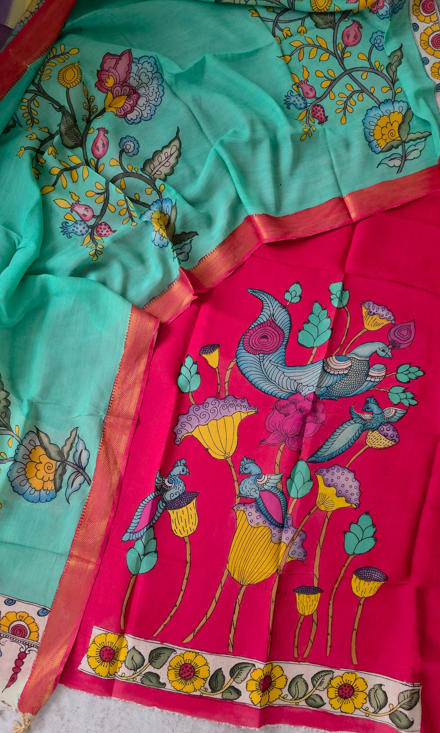 Handcrafted Kalahasthi Penkalamkari bangalore silk set - KH116