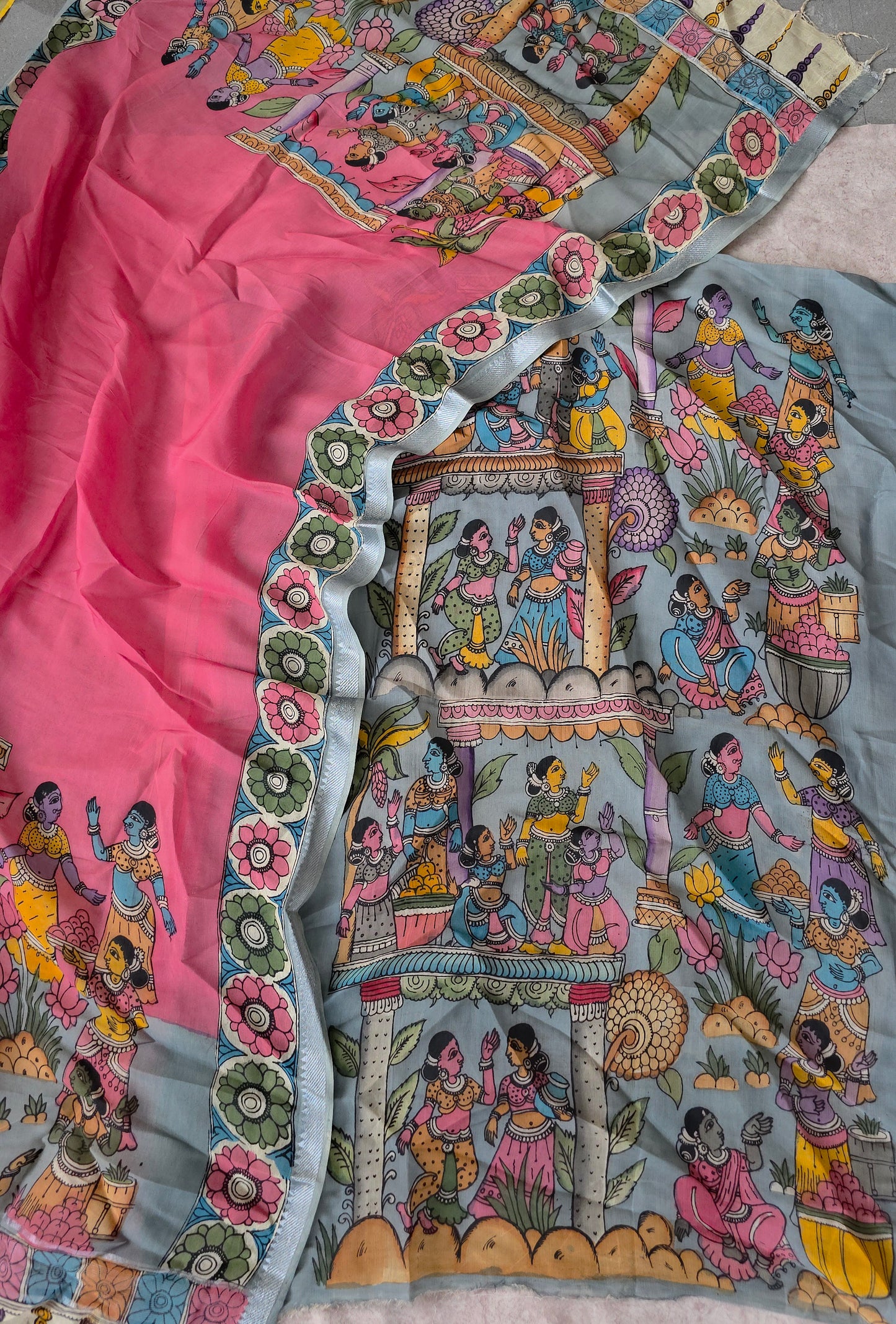 Handcrafted Kalahasthi Penkalamkari bangalore silk set - KH147