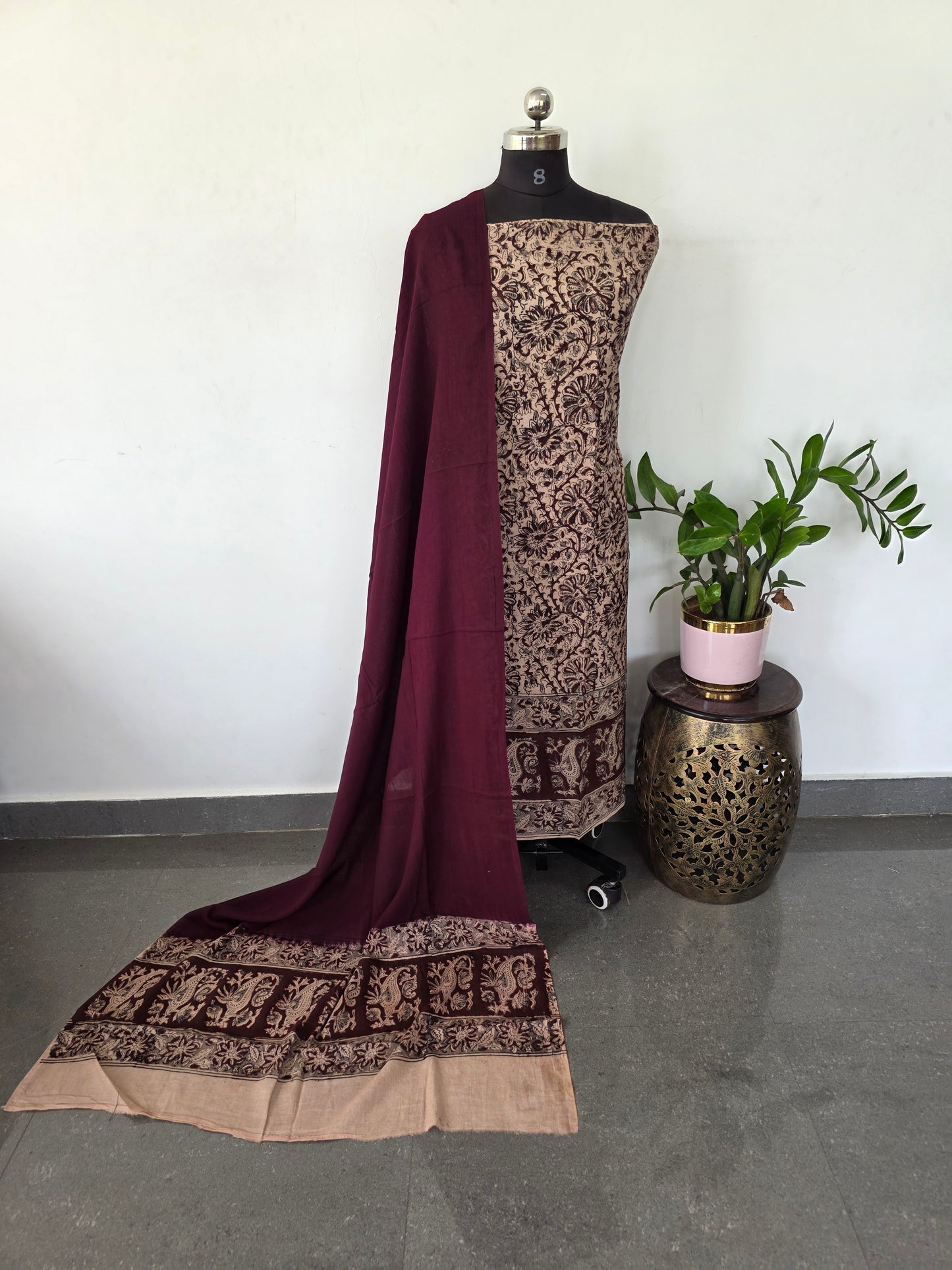 Handblock pure kalamkari cotton with border ( 2 pc set )- AK190