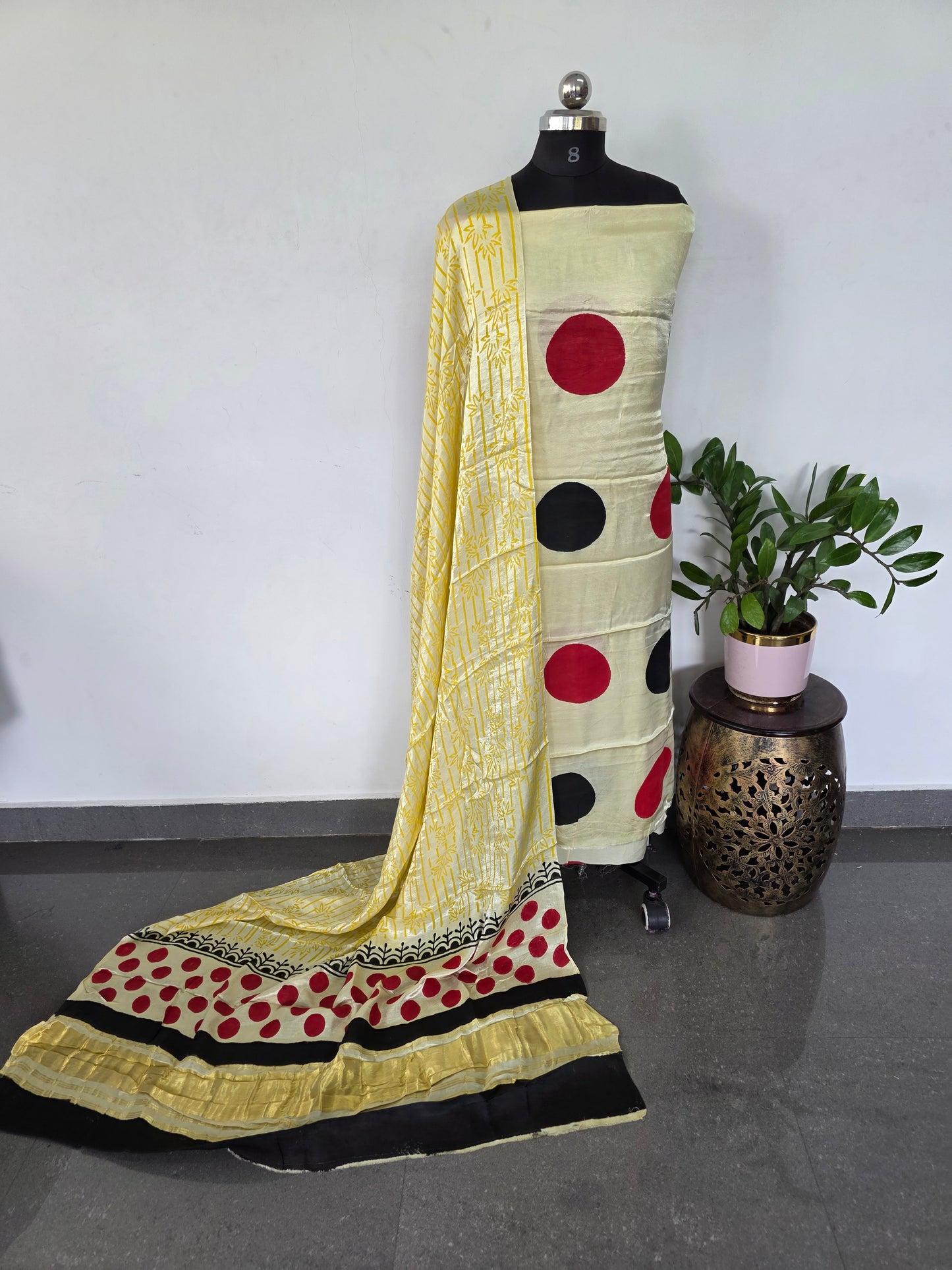 Handblock jaipuri satin modal silk set with lagdi patta pallu- HZ16