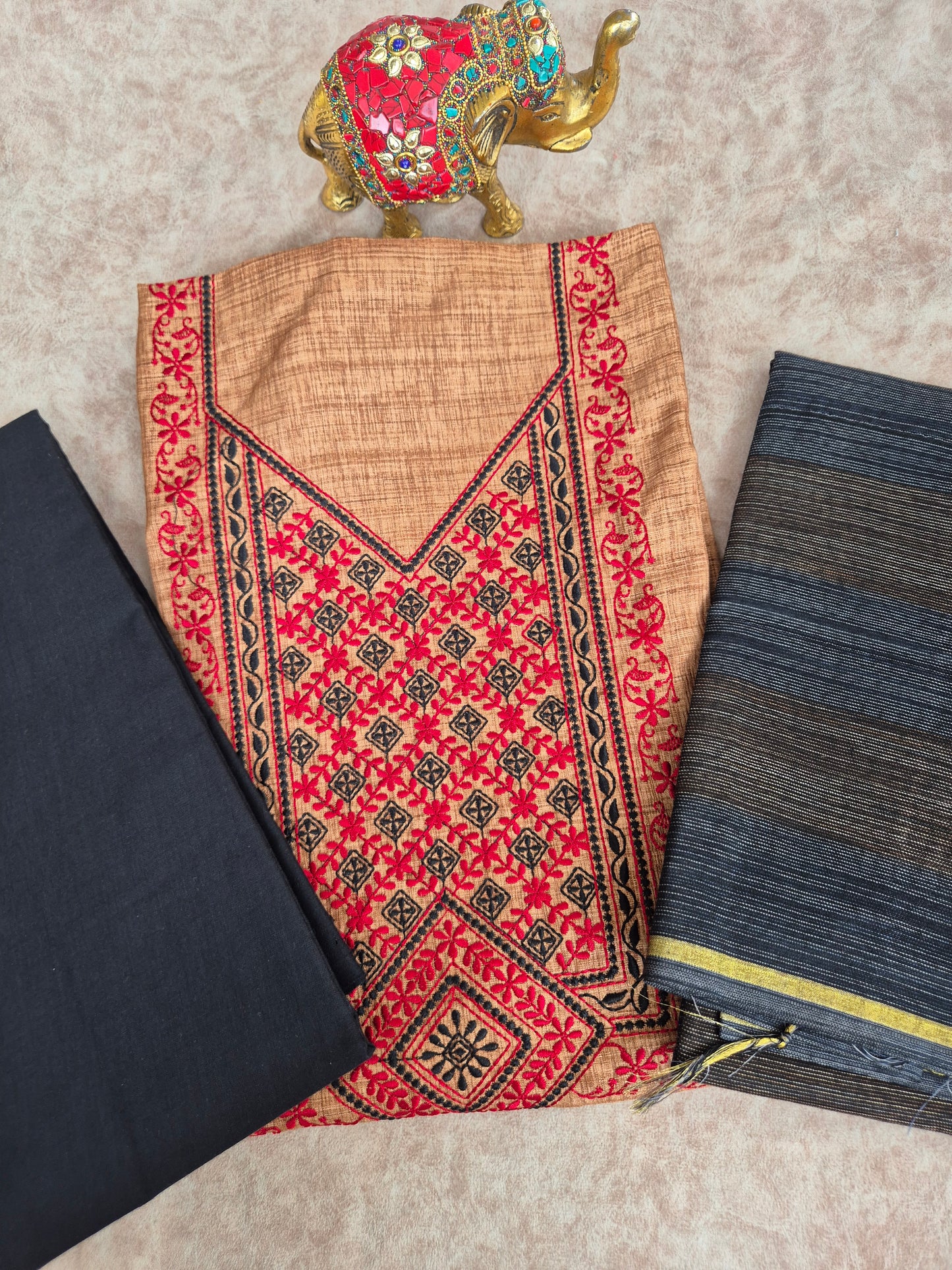 Embroidery cotton set with semi silk shawl