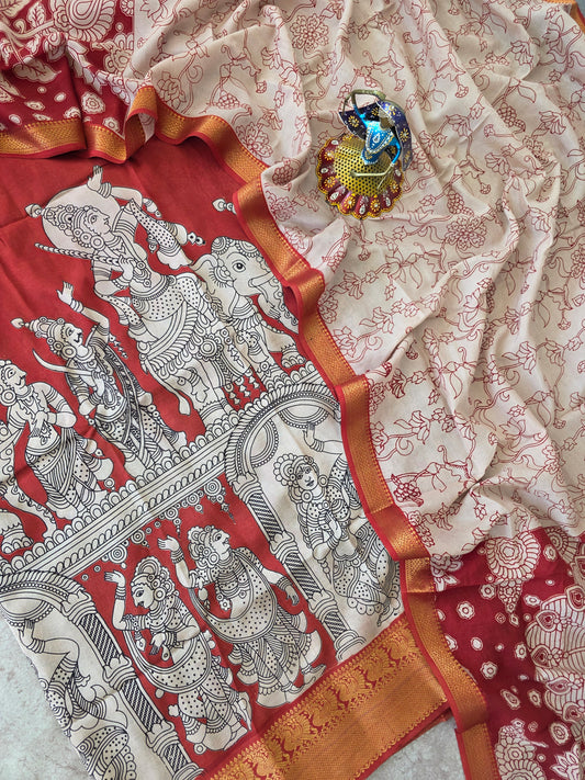 Premium Chennuri pure authentic kalamkari silk with kanchi border -AKS11