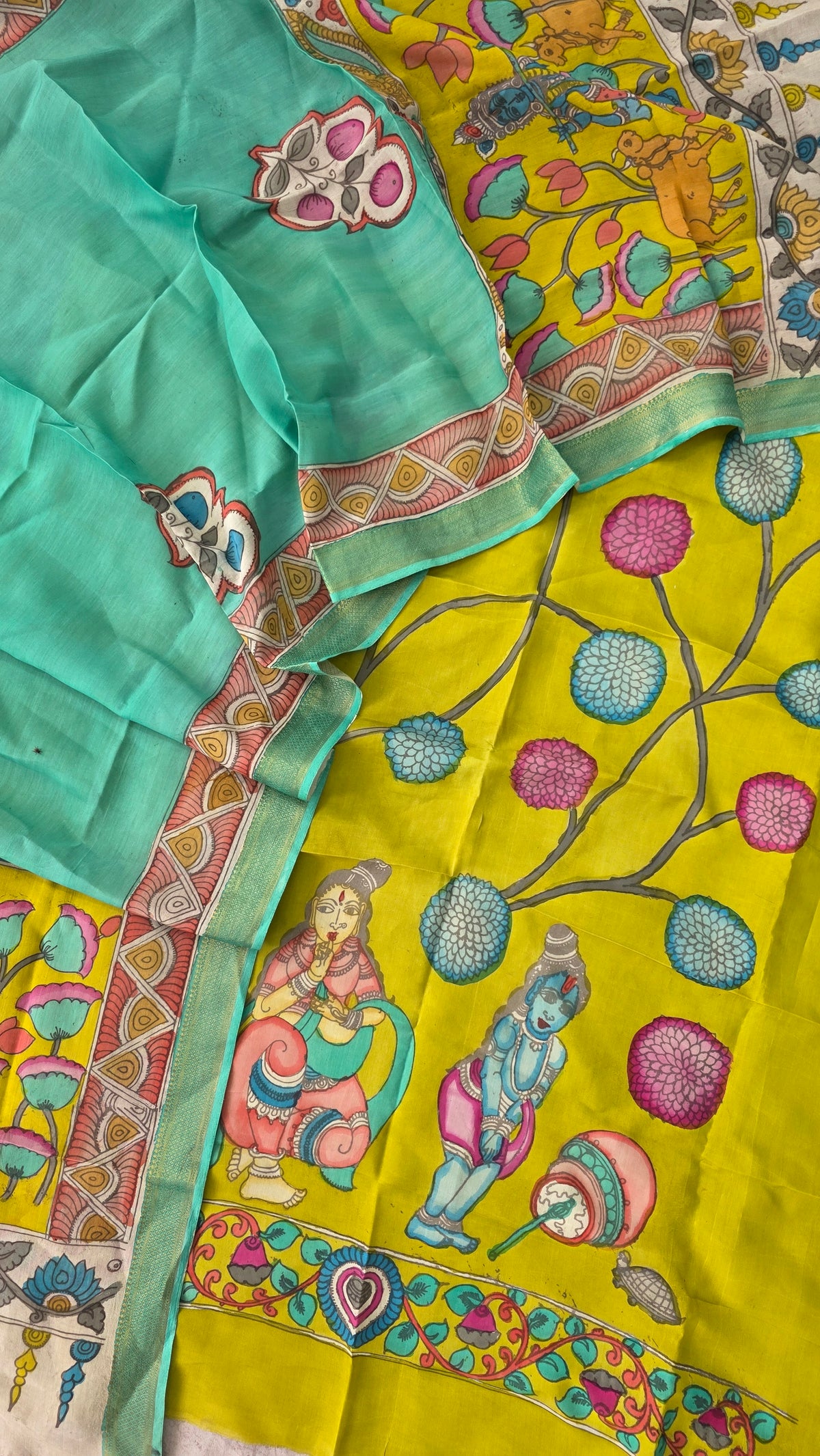 Kalahasthi Handcrafted Penkalamkari bangalore silk set -KH257
