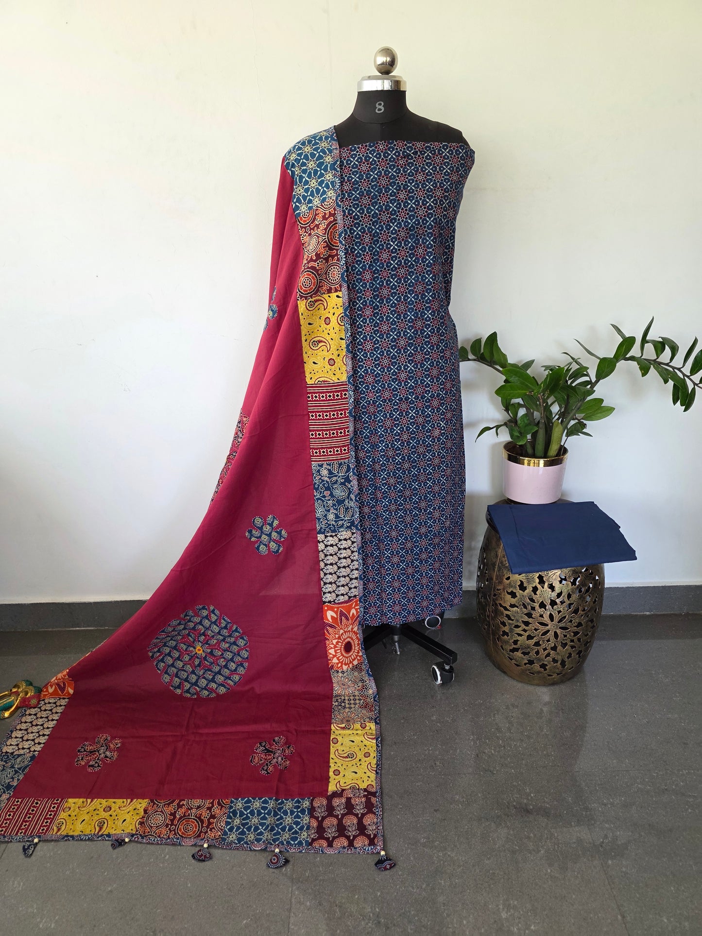 Handcrafted ajrakh cotton top with applique cotton shawl - BAA41