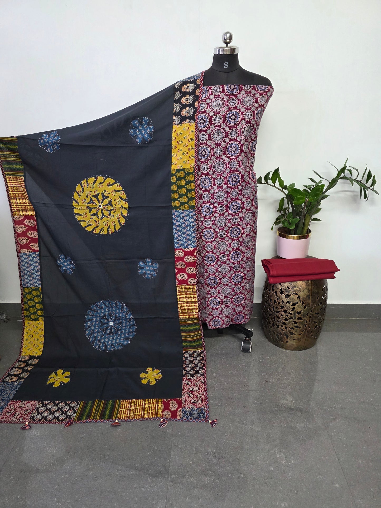 Handcrafted ajrakh cotton top with applique cotton shawl - BAA45