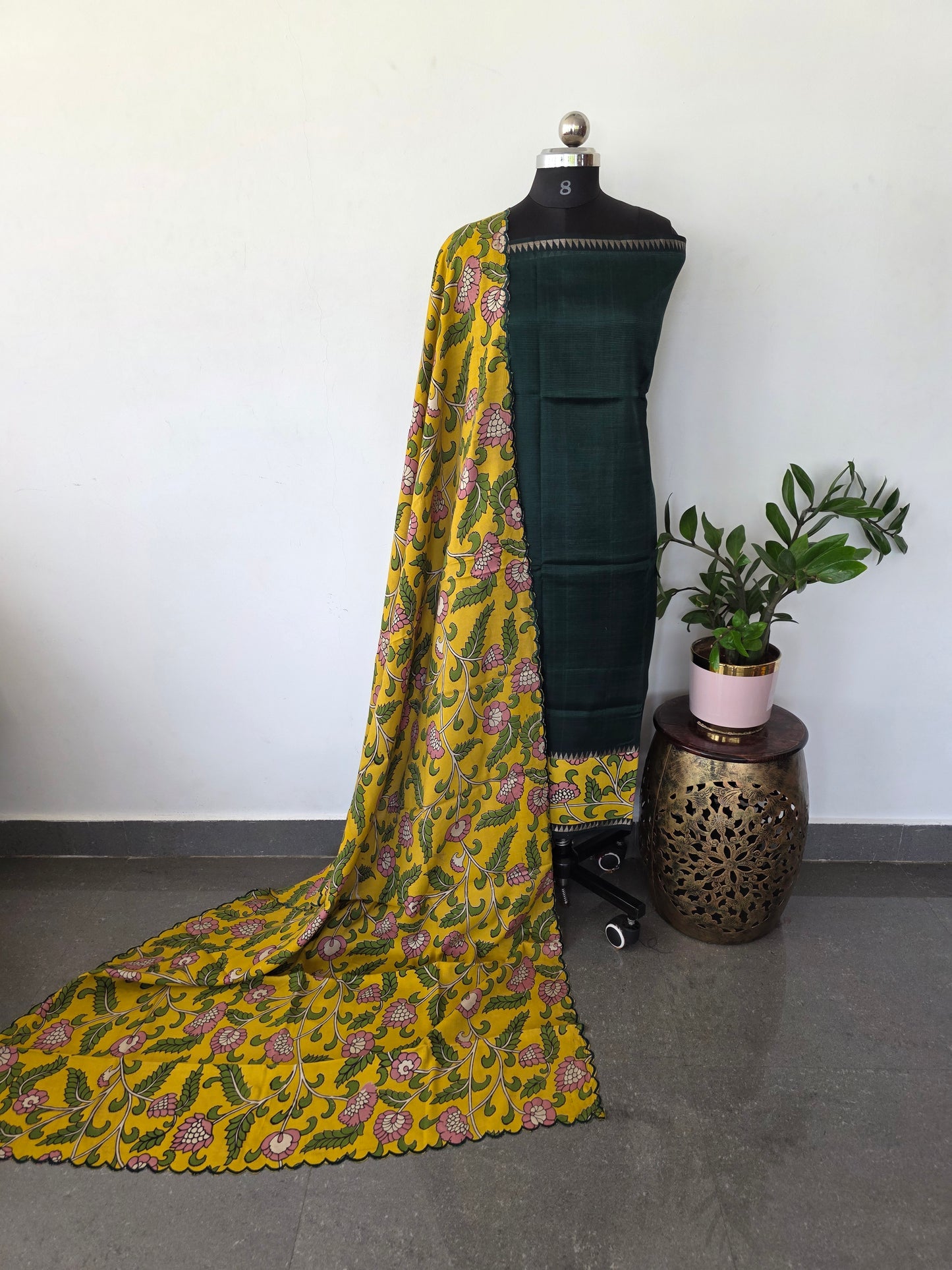 Handloom fusion mangalagiri kalamkari gap border silk salwar set - AK273