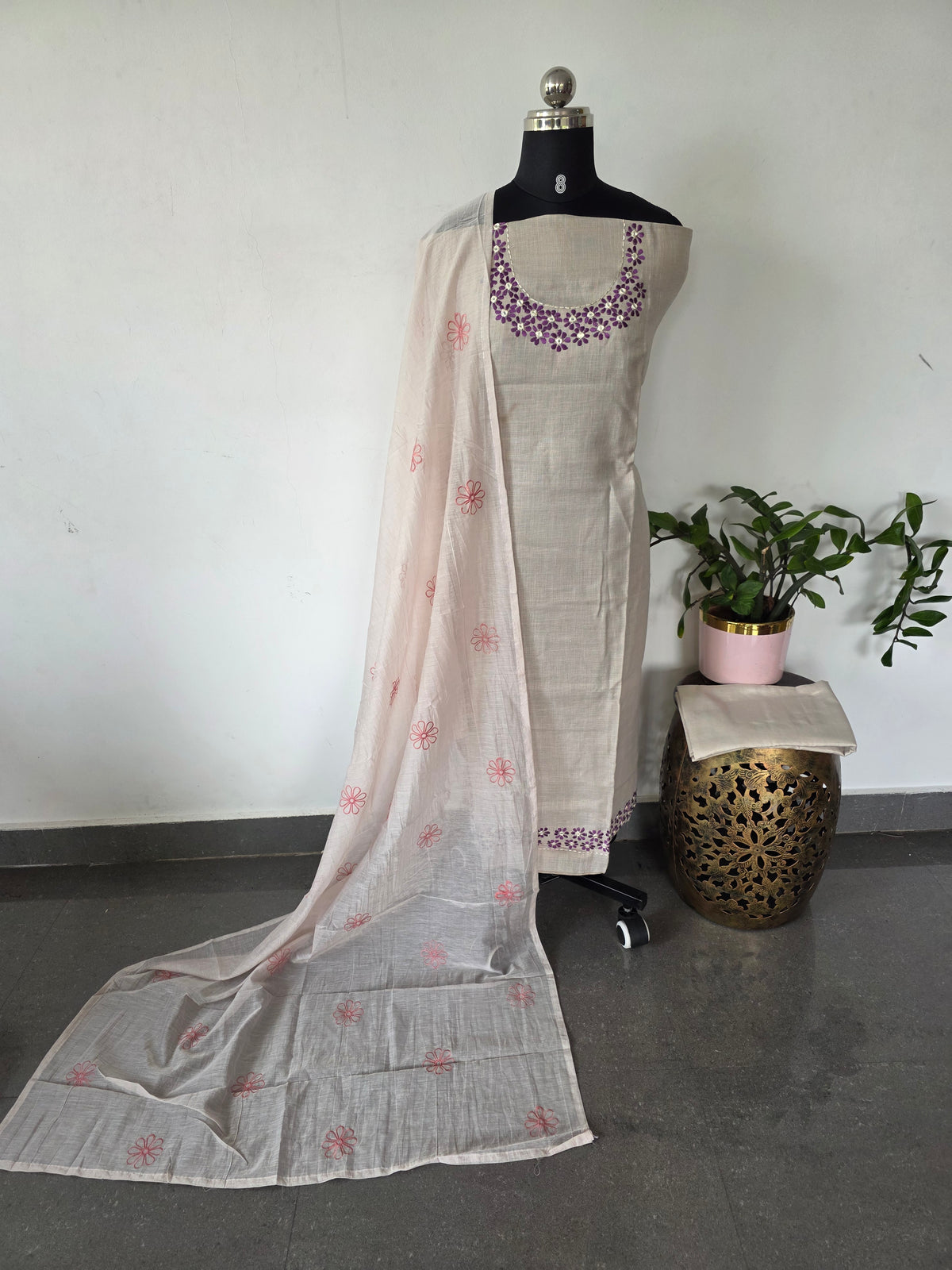 Melange white floral linen embroidery salwar set-FC77